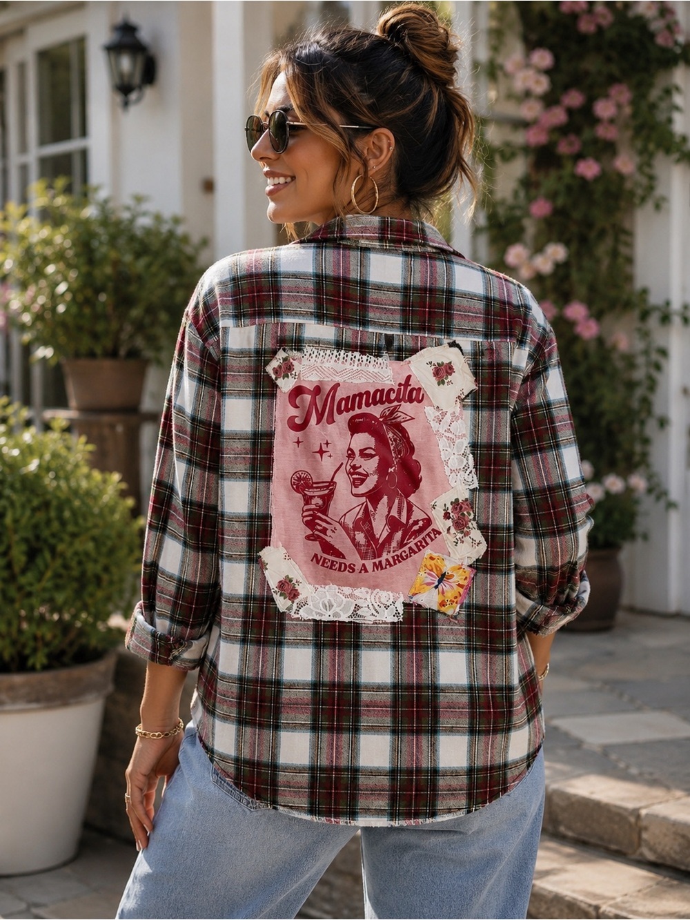 Upcycled Plaid Flannel Shirt | XL | Handcrafted Boho, Country , Cotton, Lace